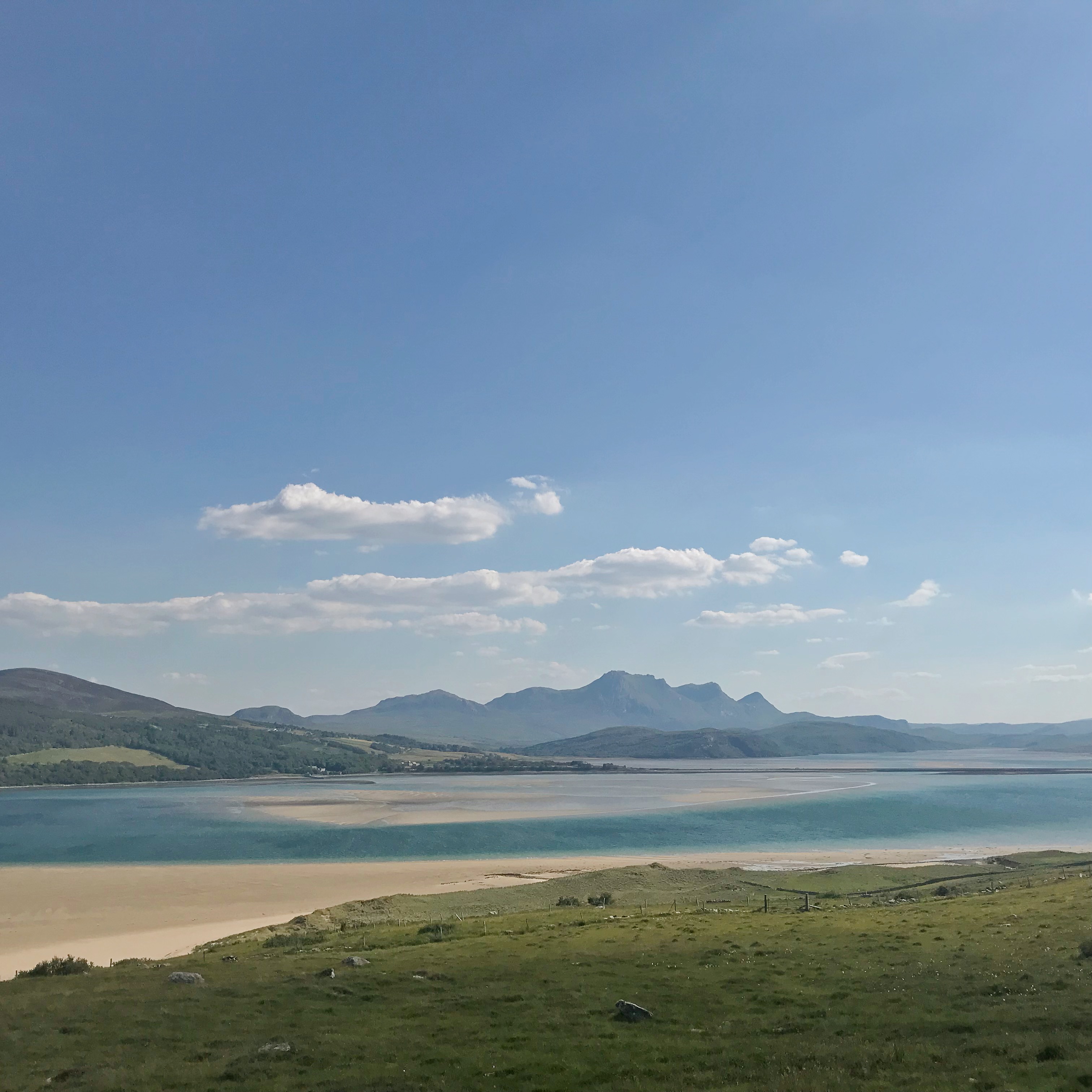 Views from Melness, Sutherland, over Skinnet beach with view of mountains