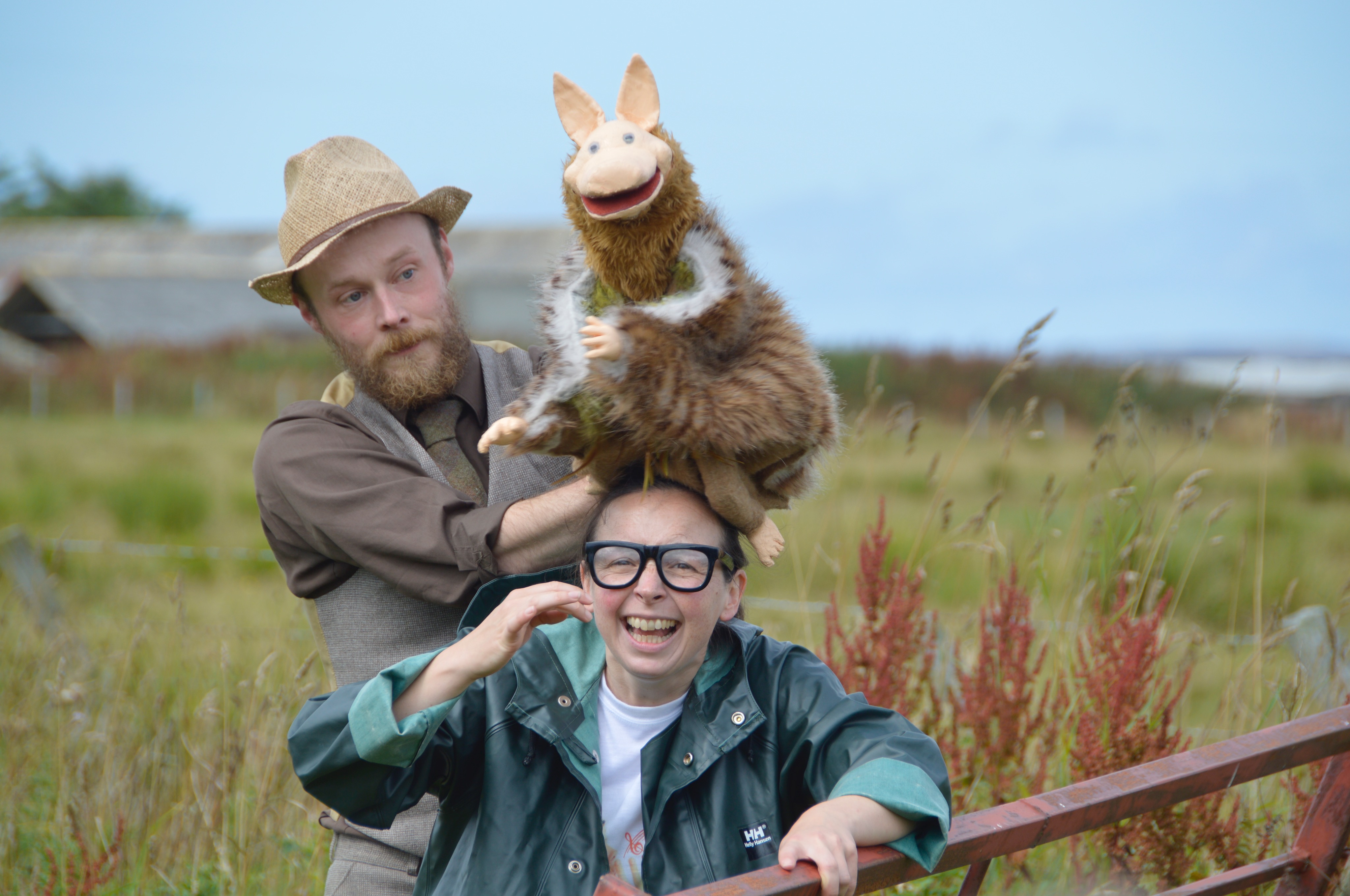 Photo of two actors and puppet in 'Call of Nature' outdoor theatre event