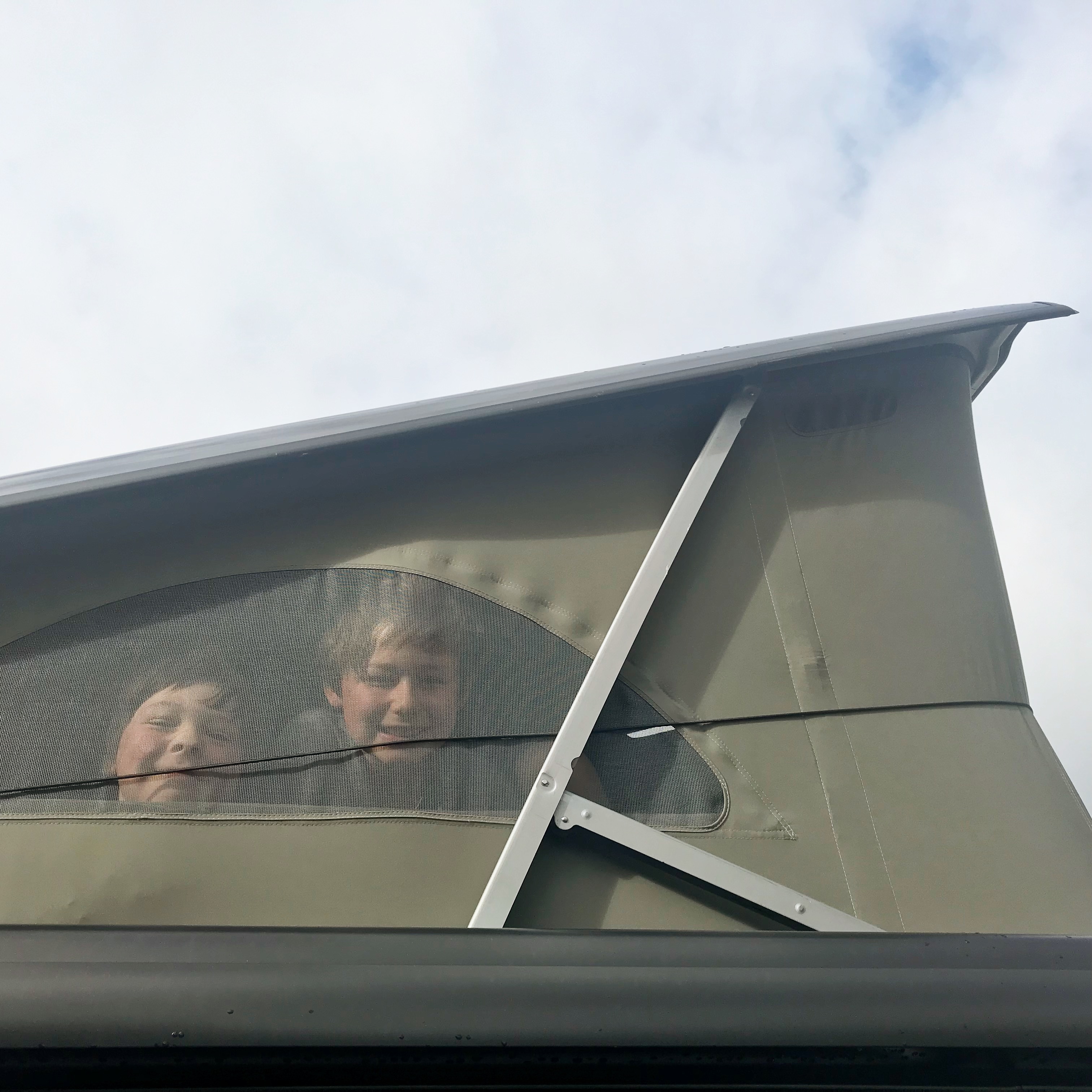 Picture of boys in pop up roof of campervan