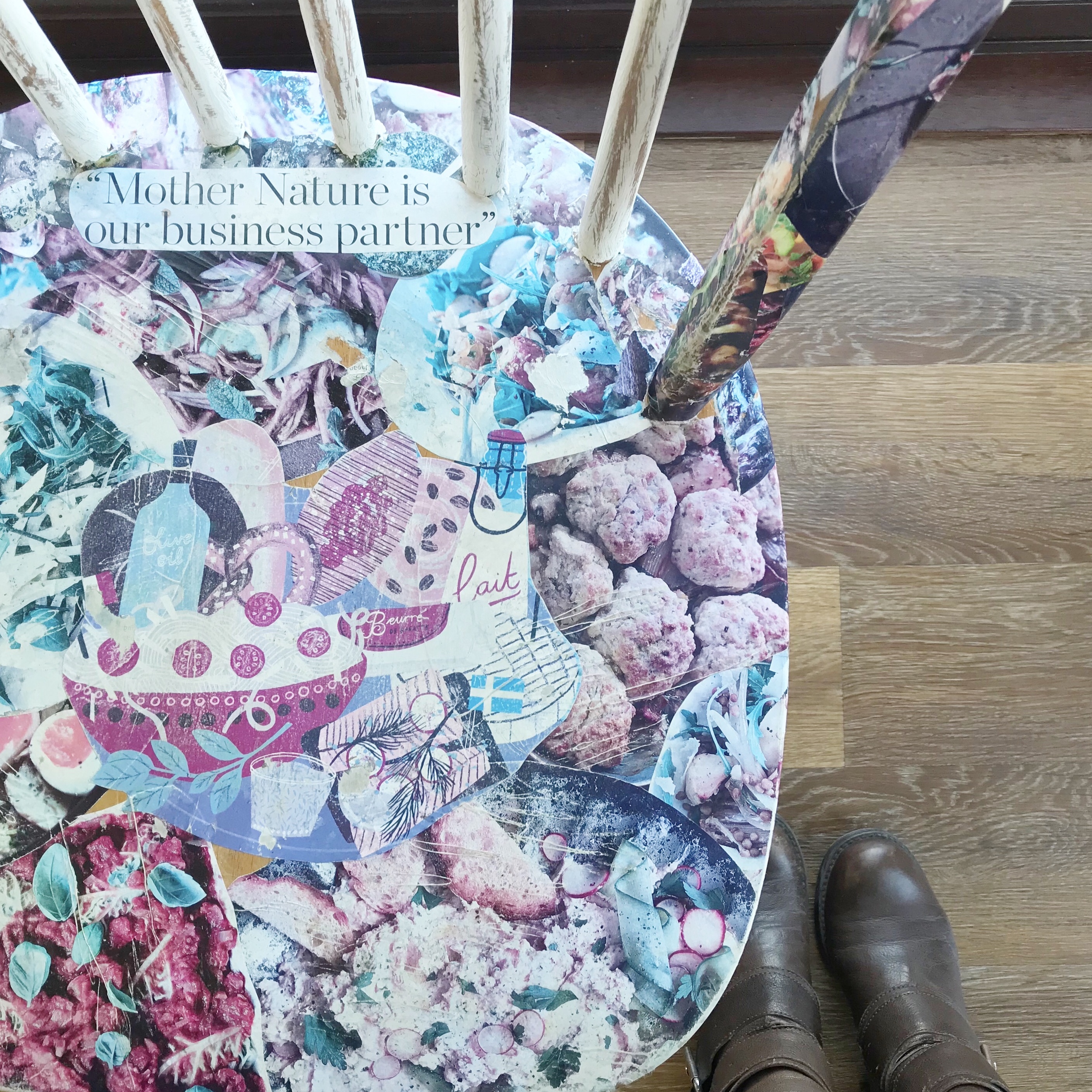 Picture of brightly coloured chair with caption 'Mother Nature is our Business Partner.'