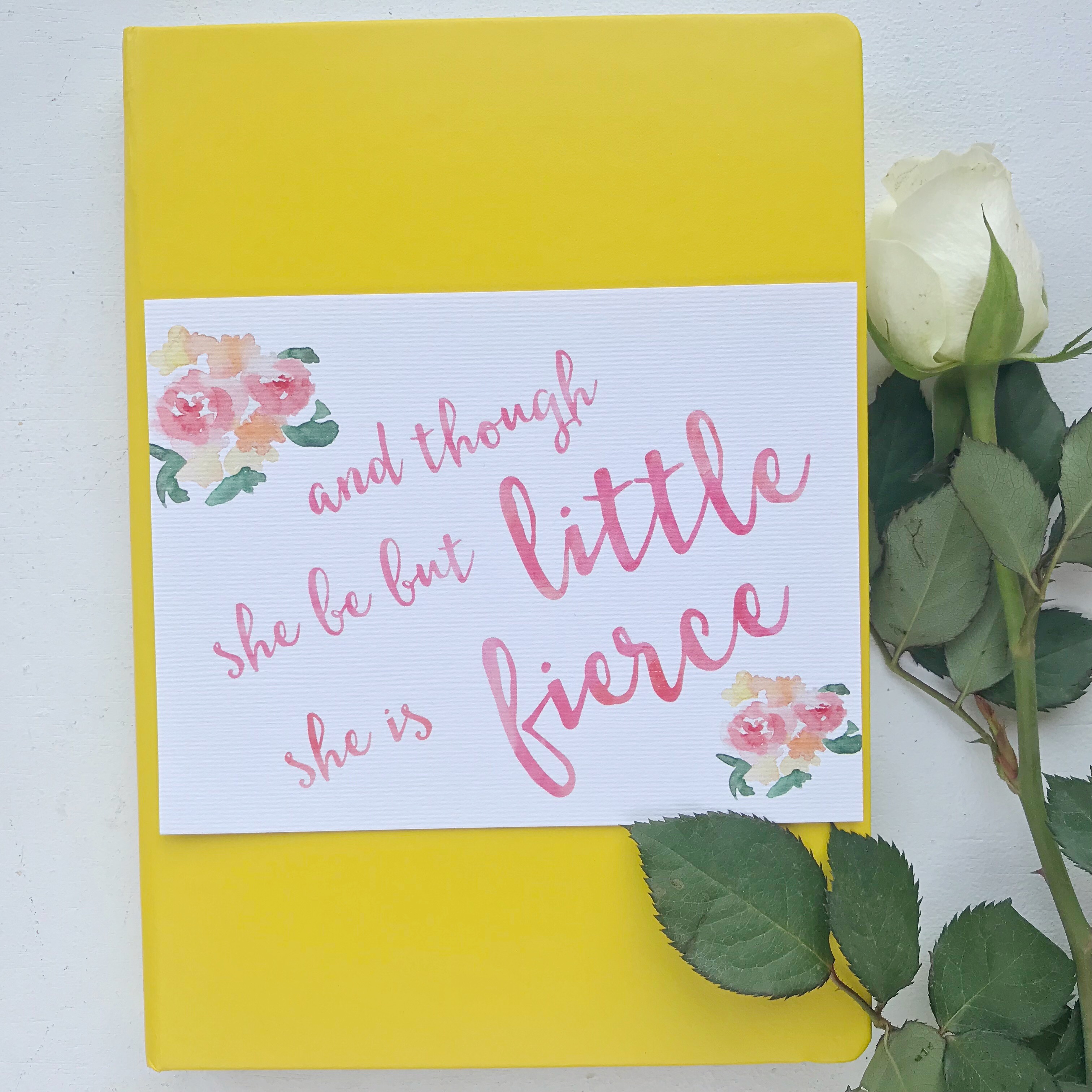 Photo of bullet journal cover with quote 'and though she be but little she is fierce.'