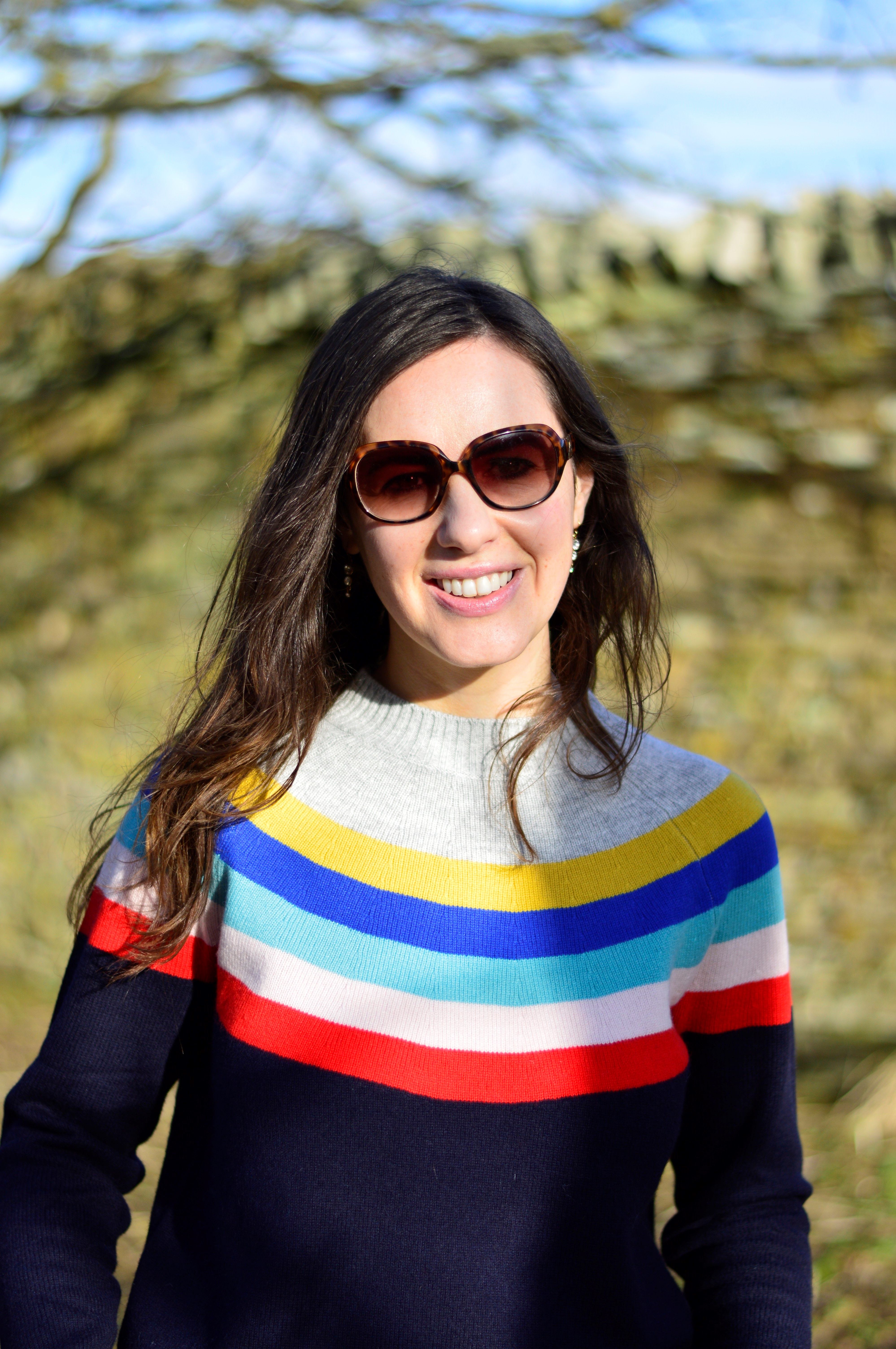 Gail in stripy Boden top on sunny day