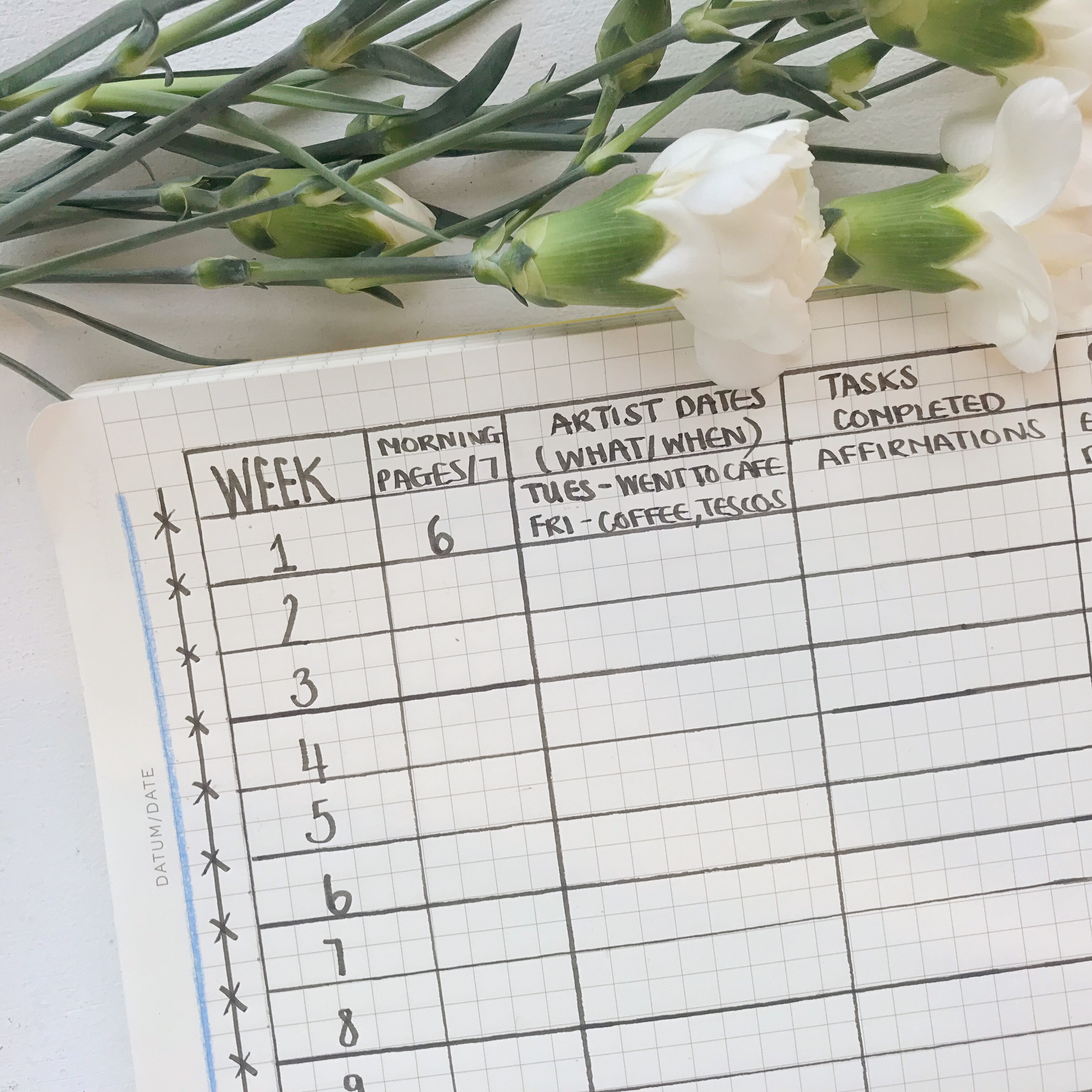 Bullet Journal post charting progress of Artist's Way tasks